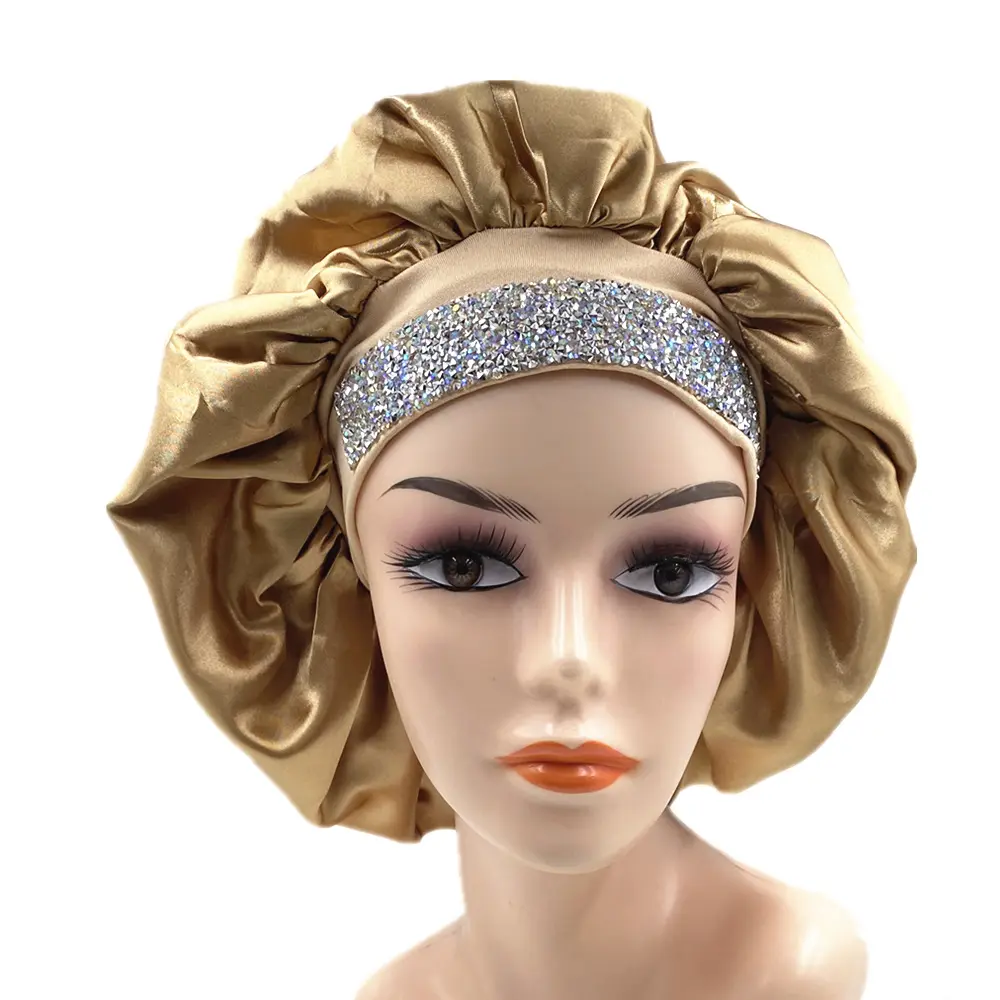 Wholesale Luxury Diamond Glitter Bling Satin Hair Bonnets Rhinestone Elastic Band Bonnets For Women