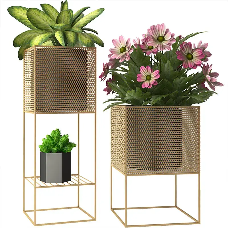 2023 besi emas dan hitam segitiga bentuk pot berdiri pot bunga untuk tanaman bunga pot tanaman rak berdiri