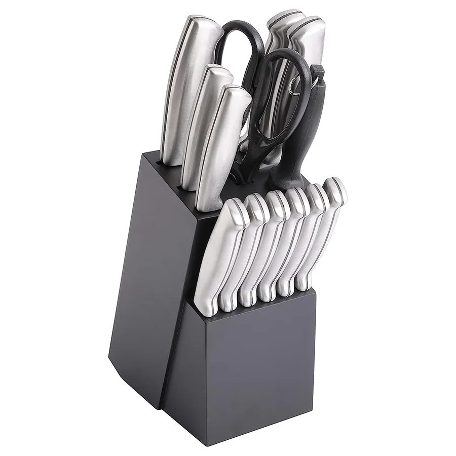 14 Pieces Wooden Knives Set in Color Box Stainless Steel Kitchen Knife Block Set