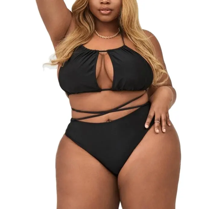 2021 nouvelle arrivée Sexy solide noir gros femmes évider maillot de bain grande taille Bandeau maillots de bain grande taille string Bikini