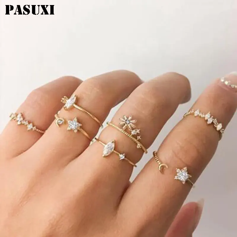 PASUXI venta al por mayor anillos a granel 10 unids/set Luna corazón dedo apertura anillo conjuntos para mujeres cadena de oro anillos de joyería de moda