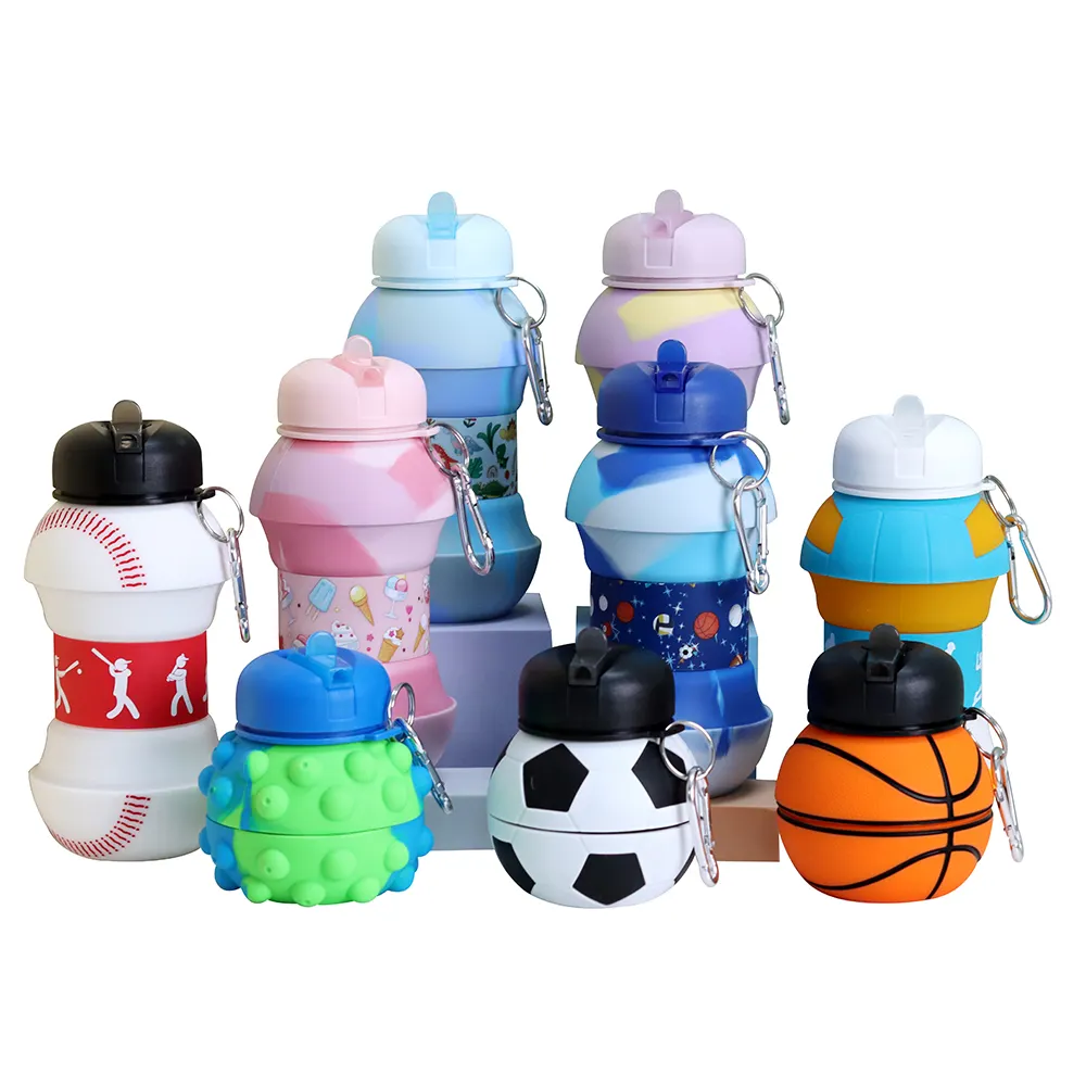 Einstellbare faltbare Sportfußball Fußball Kinder Silikon individuelles Logo Trink-Kinder-Wasserflasche