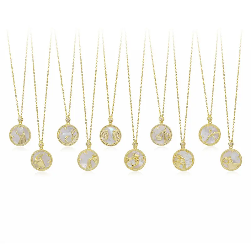 Collier tendance 12 signes du zodiaque, pendentif en coquillage blanc, pour clavicule, bijoux en or, pièce de monnaie, vente en gros,