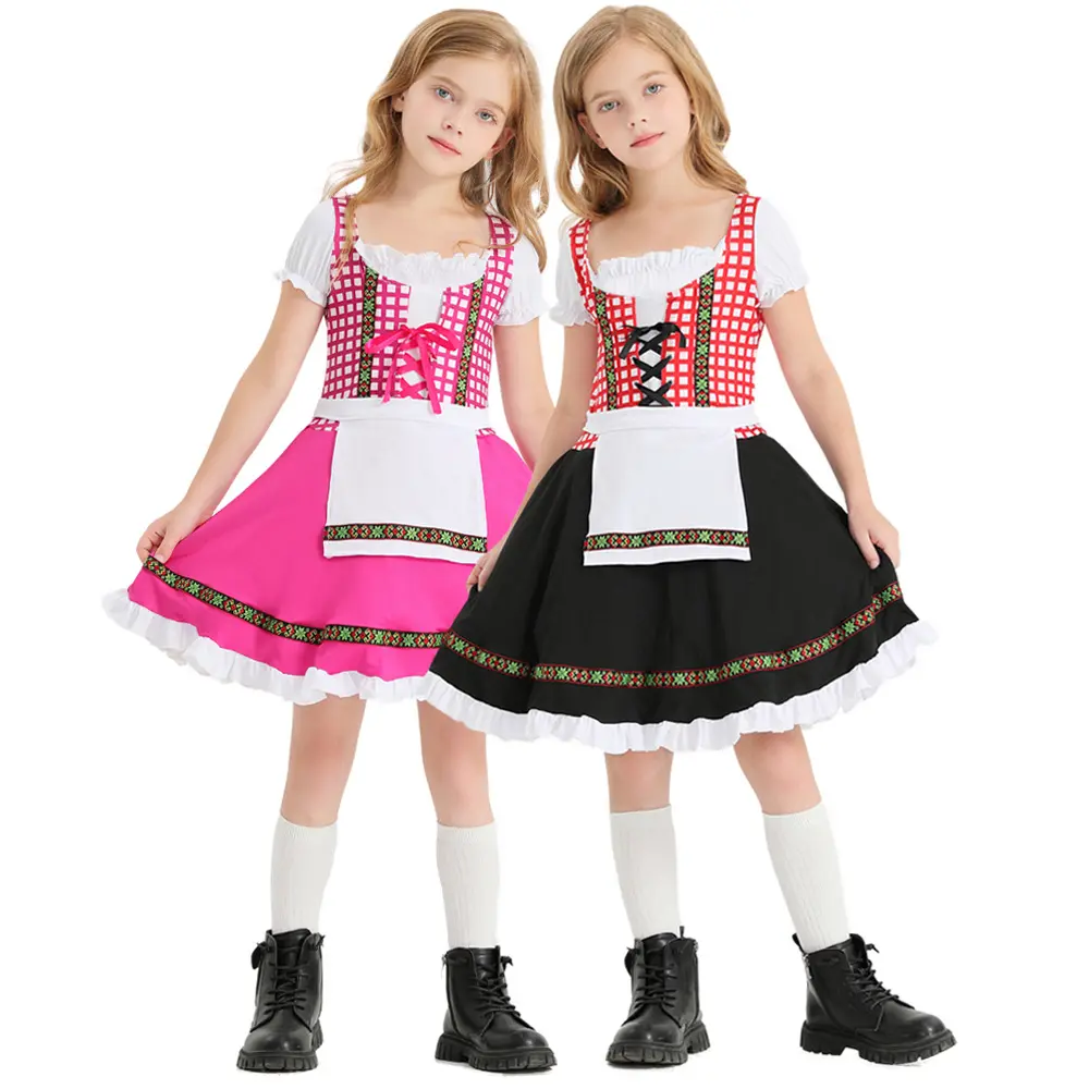 Ropa para niños Festival de cerveza tradicional alemán conjunto negro y rosa a cuadros impreso étnico niñas Oktoberfest disfraces