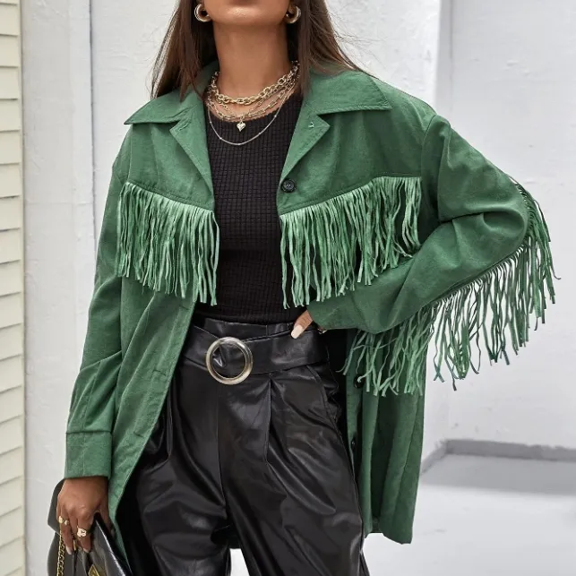 Fashion Women Fall Green Fringe Cotton Long Coat And Jackets