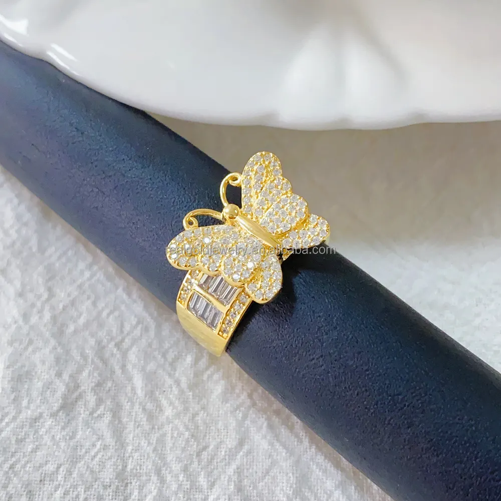 خاتم مجوهرات أنيق من الفضة الخالصة مثبت بالمخطوفات مطلي بالذهب على شكل فراشة من الزركون هدية مثالية لحفلات الزفاف