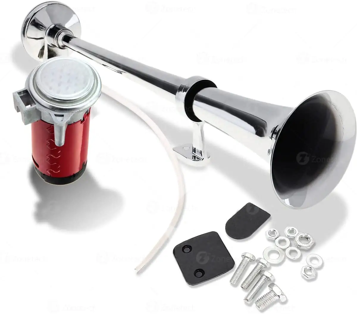 12V Single Trumpet Air Horn - Premium Quality Silver Single Trumpet Air Horn Relay Included Chrome + Compressor Super Loud 150db