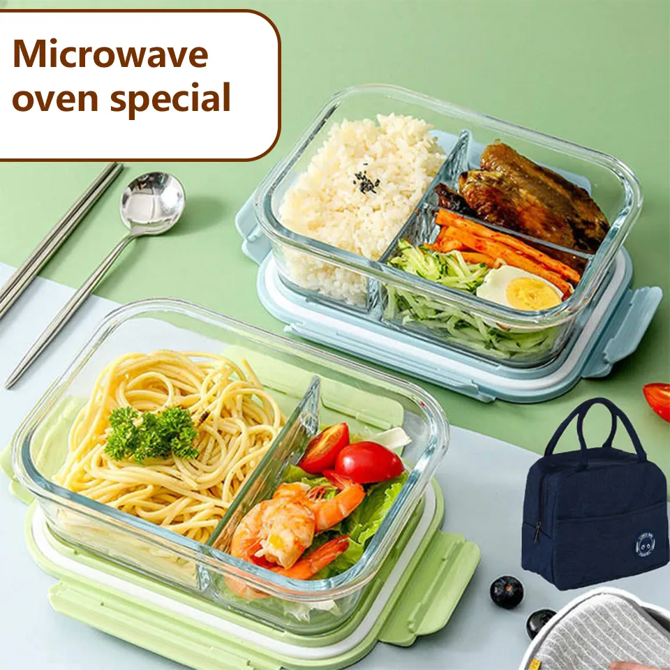 Bento-Juego de contenedores de alimentos para microondas, fiambrera de vidrio de borosilicato alto con bolsa