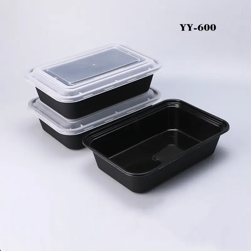 Fiambrera de plástico PP transparente para microondas, caja de almuerzo desechable de 600ml, contenedor de comida para ensalada con tapa