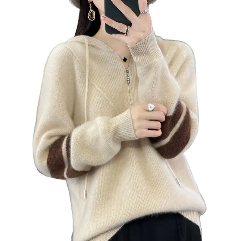 Sweater crop wol murni wanita, Hoodie Pullover panjang musim gugur/dingin 100% untuk perempuan