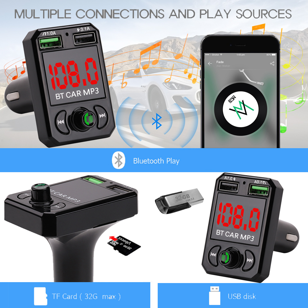EONLINE In-auto Wireless FM Transmitter Large Screen LED display 3.1A Fast Charging TF U Disk Car Mp3 Player Handsfree Kit