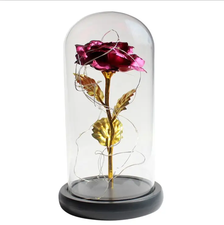 Cadeaux artificiels pour la Saint-Valentin Fleurs décoratives avec lumières Lampe à LED rose dorée Feuille d'or 24k Rose en dôme de verre