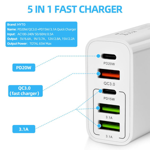 HYTO 65w Pd Fast Charger Eu Us Uk 2 Type-c 3 <strong>Usb</strong> Port <strong>Multiple</strong> <strong>Output</strong> <strong>Adapter</strong> Mobile Phone Travel Wall Charger for Macbook - Product Image 3