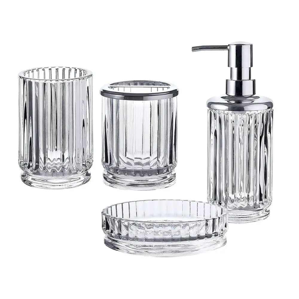 Set da bagno in vetro cristallo eleganza all'ingrosso Decor 4 pezzi portaspazzolino Dispenser di sapone piatto accessori da bagno in vetro