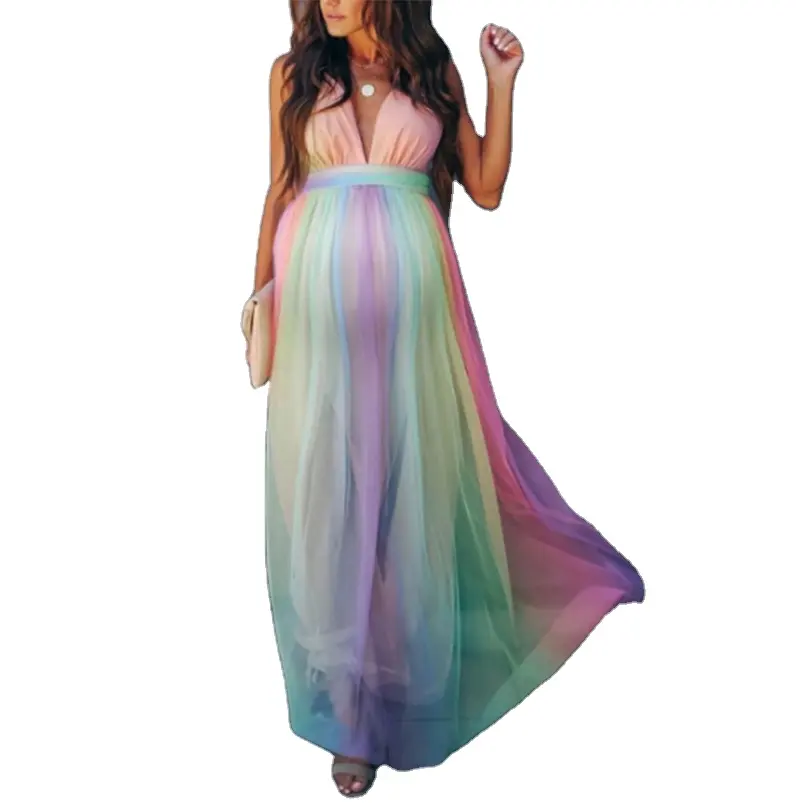 Robes de maternité Sexy photographie longue grossesse Photo Shoot Prop pour Baby shower fête Tulle arc-en-ciel femmes enceintes robe Maxi