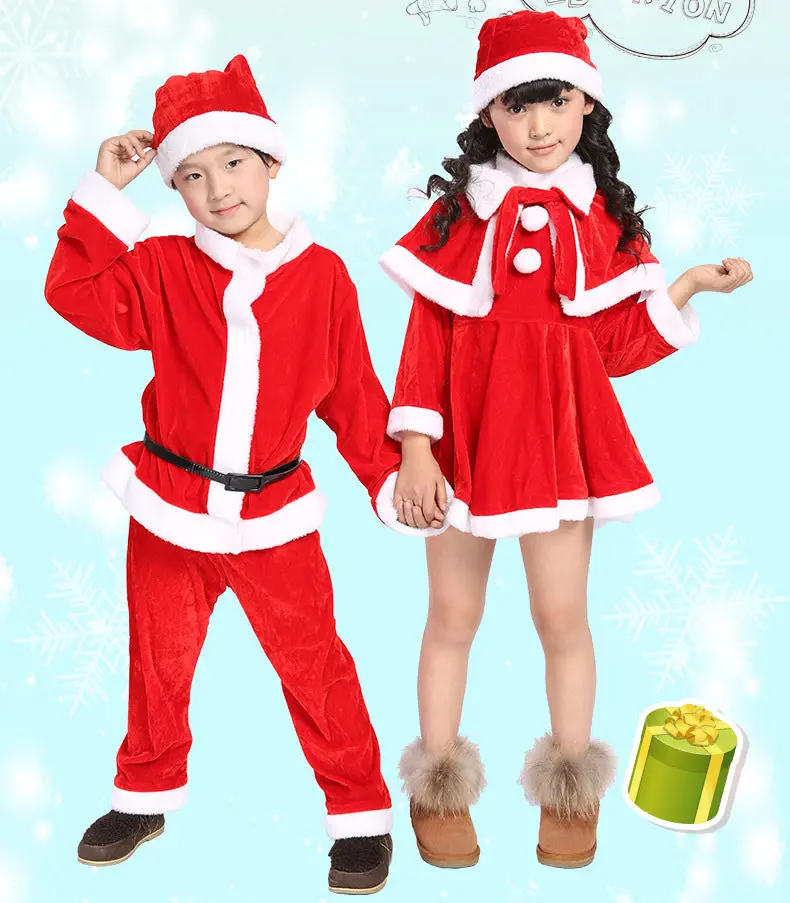 Niños y niñas Navidad terciopelo rojo Santa Claus Cosplay disfraz Navidad terciopelo Santa Claus traje con sombreros