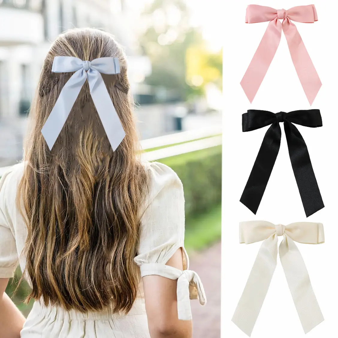 Venta al por mayor, lazos para el pelo, pinzas para el pelo, Color coleta de cinta de blanco y negro, accesorios, lazos de satén para el pelo para mujeres, lazos para niñas