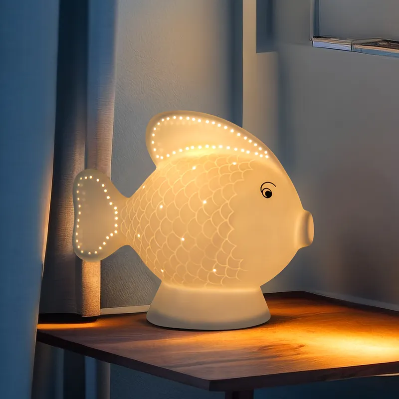 New coming hot sale cute kids night light animal home decoration light white porcelain fish-shaped lamp