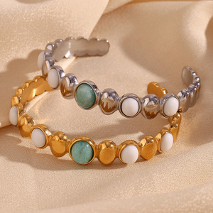 Titanium Steel With 18K Gold Plated Oval Azurite <strong>White</strong> <strong>Jade</strong> Opening Jewelry 18K Gold Plated Stainless Steel Bracelets - Product Image 1