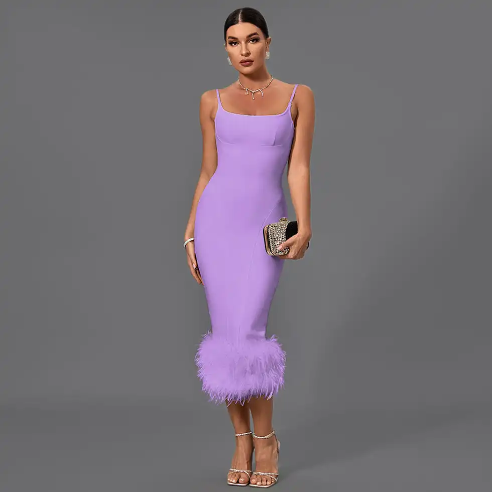 Ocstrade vendite calde Chic Feather Hem Trim Bodycon Midi Dress ulteriori abiti Sexy senza maniche abito da sera formale da donna