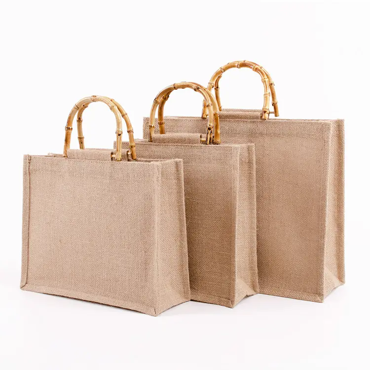 Bamboo Handle Carrying Bags Women Beach Hemp Tote Grocery Bags Promotional Shopping Handbags Jute Bag