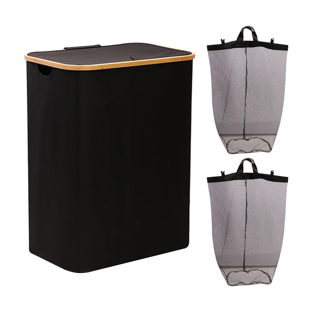 Armazenamento sujo bambu da roupa da lavanderia do banheiro Cesta dobrável com cesto da roupa da tampa com cor preta do saco removível
