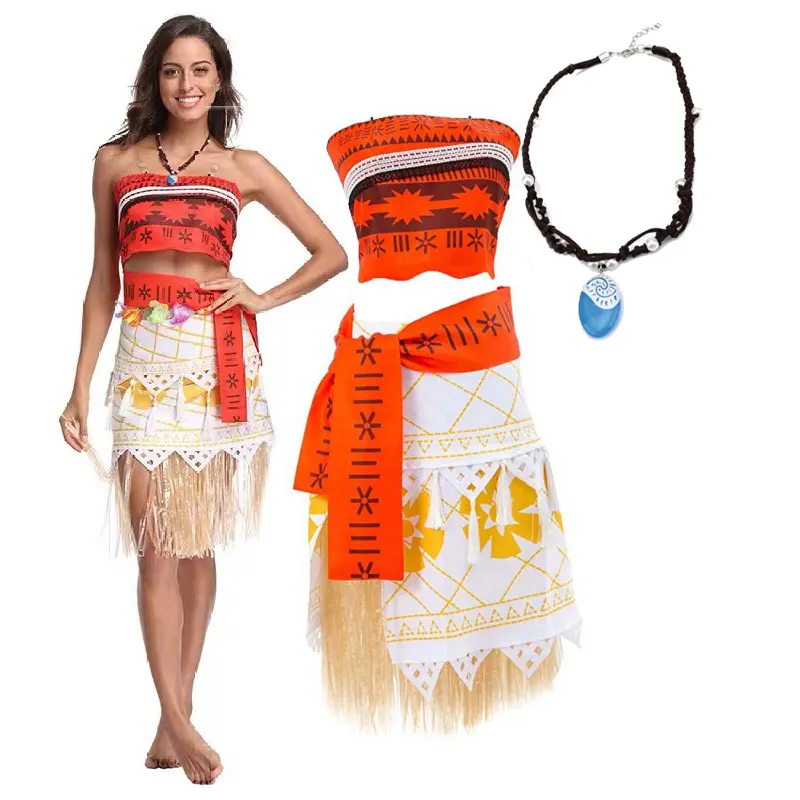 Conjunto de falda de disfraz de Halloween para mujer, disfraz de Moana con Collar, peluca, 2017