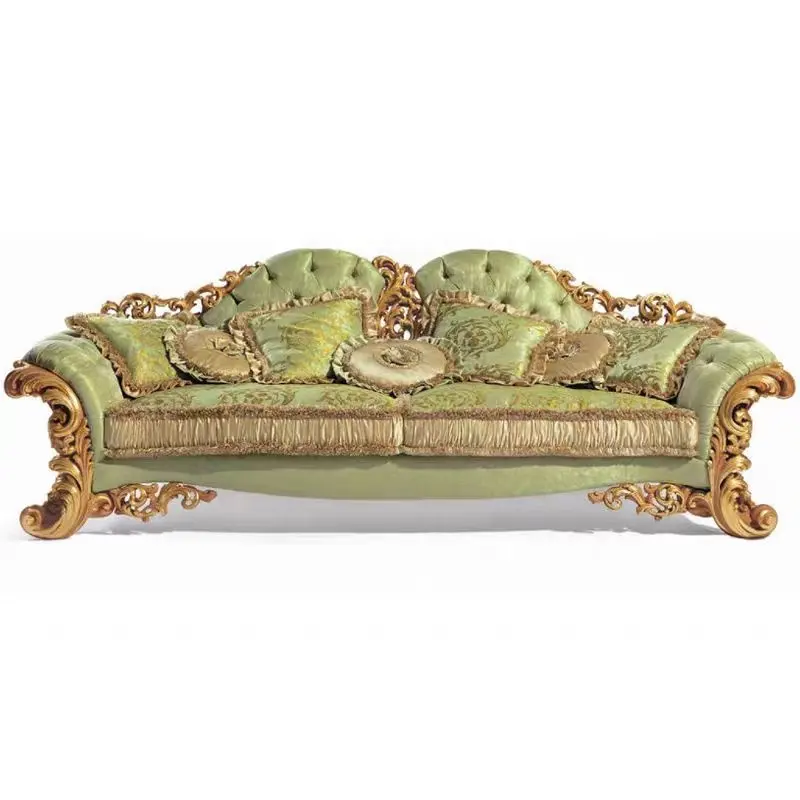 GUA Fábrica Esculpida à Mão Barroco Francês Chesterfield Ouro Sofá Conjunto Luz Verde Tecido Palácio Retro Pearl Shell Design Sala de estar