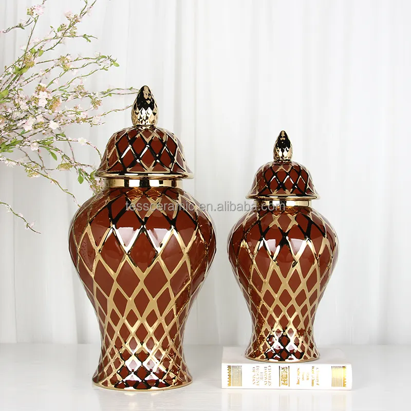 J134BRGA decoración del hogar muebles de lujo diseño de rombos dorados tarro de jengibre jarrón de cerámica grande de flores marrones para hotel