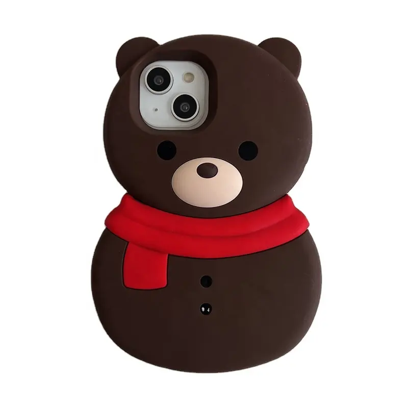 Capa de cachecol para celular, acessório de casca macia para iPhone 11 12 13 14 15 Pro Max, lenço vermelho e fofo de urso marrom, ideal para uso no atacado