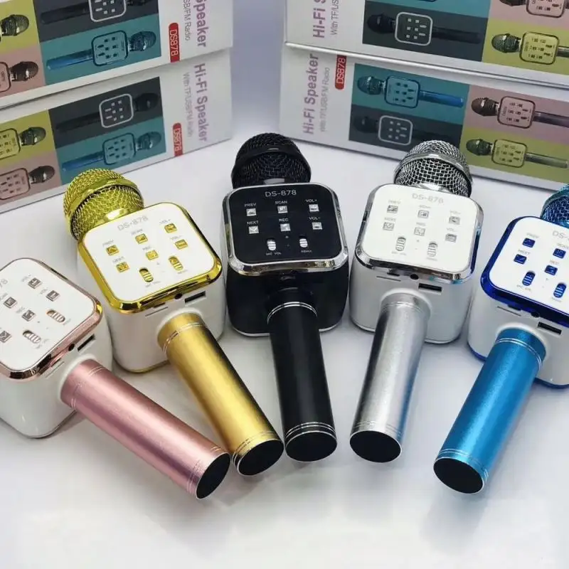 DS-878 kablosuz diş kablosuz Karaoke mikrofonu hoparlör desteği USB TF kart FM radyo ile disko ışık kablosuz bluetooth hoparlör