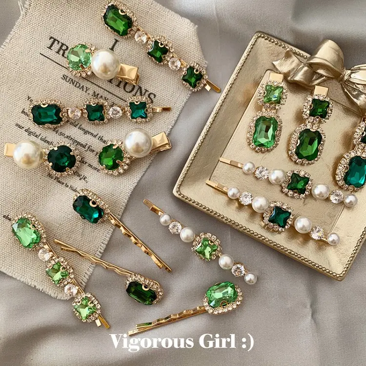 Koreanische Frauen Wort Haars pange Zubehör Vintage Green Pearl Bling Strass Haarschmuck