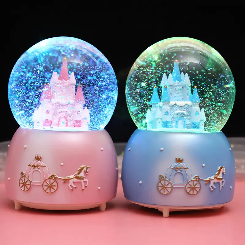 Criativo fantasia conto de fadas princesa castelo bola de cristal caixa de música resina artesanato música bola de cristal neve