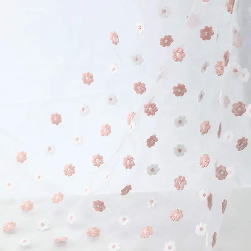 Kain Renda Organza Bordir Bunga Plum 3D Kain Renda Organza Jaring Lembut untuk Gaun Pengantin Pernikahan