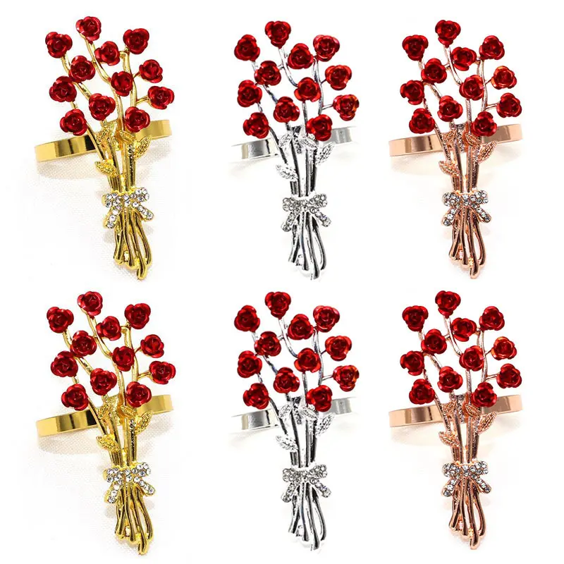 Jachon-Anillo de aleación con forma de flor para servilleta, anillo de tela con broche de color rosa y rojo, para San Valentín