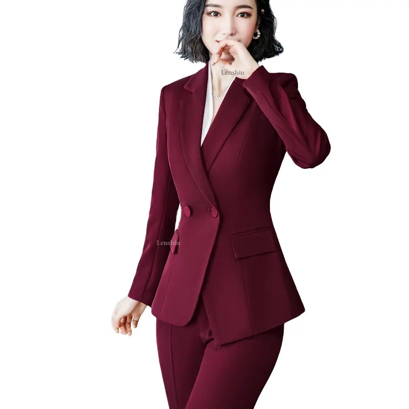 OEM Drop Ship Set da 2 pezzi Blazer formale formale bordeaux con tasche Office Lady Designs giacca e pantaloni da donna