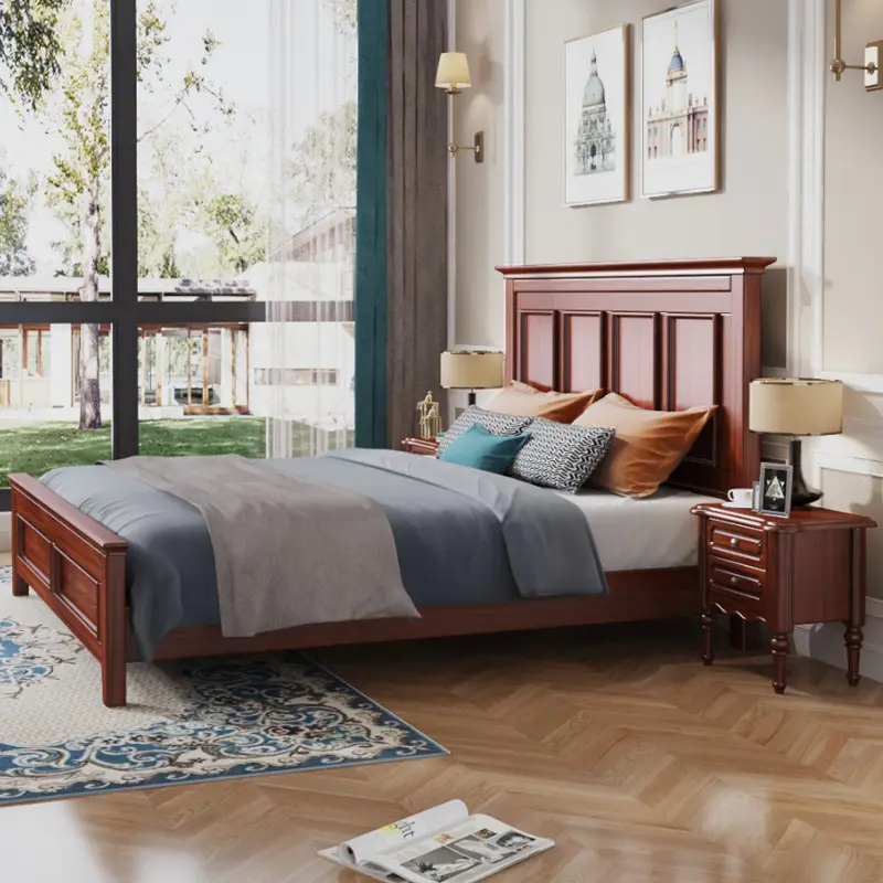 Cama de madera maciza tradicional de alta calidad de transición cama king size muebles clásicos para el hogar