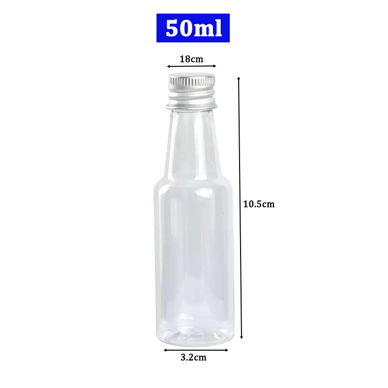 Petite bouteille PET de 50 ml avec bouchon en aluminium
