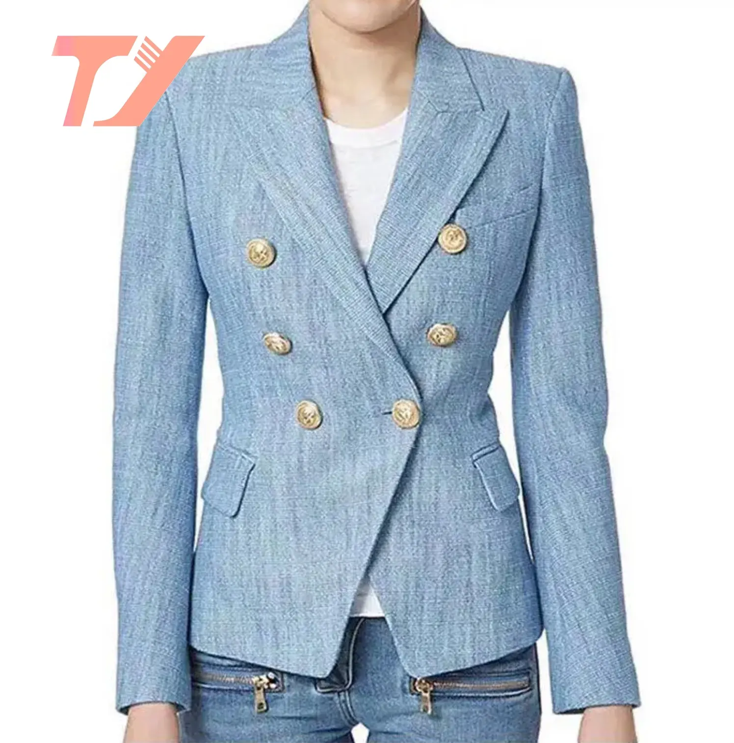 TUOYI Custom summer fashion high quality double breasted denim ladies jeans jacket blazers