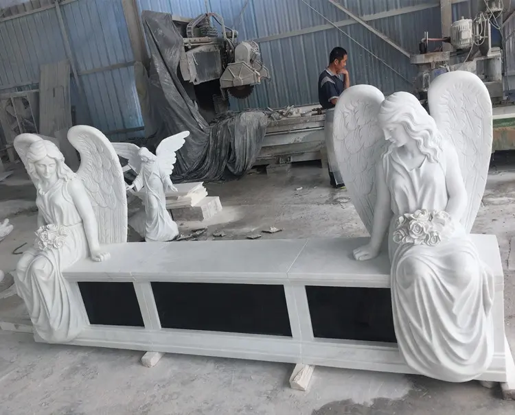 Mermer çift mezar taşı iki oturan melek heykelleri
