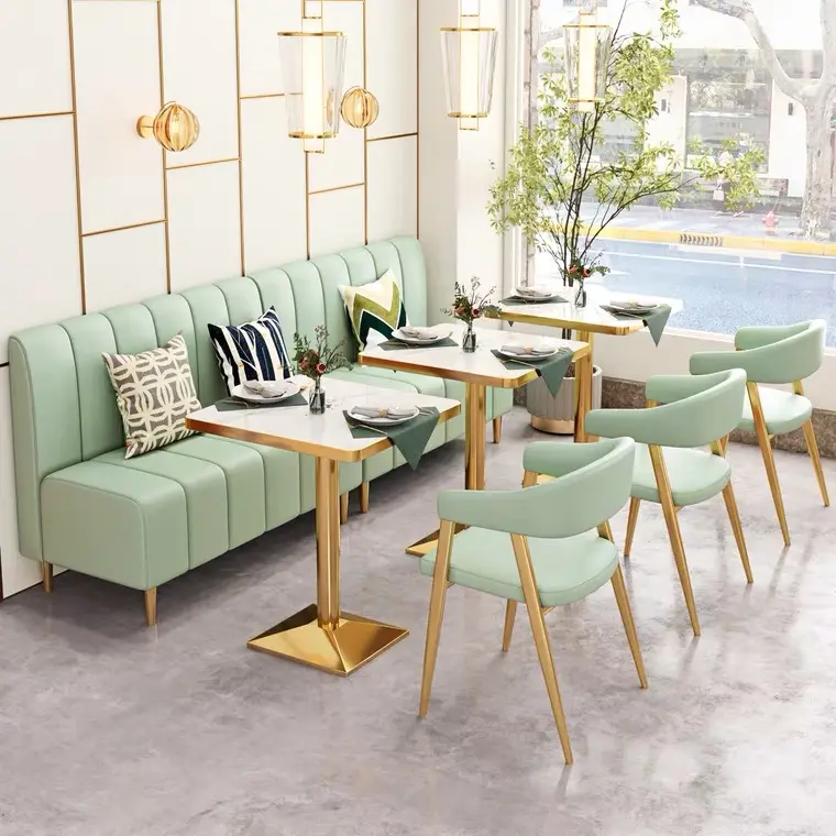 Kontrplak masalar ve deri sandalyeler standında seti sedir koltuk Cafe restoran tasarım deri yemek masası Modern ahşap yemek kanepe