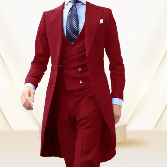 Diseños de abrigo largo chino rojo hombres traje suave hombres esmoquin personalizado 3 piezas (chaqueta + chaleco + Pantalones)