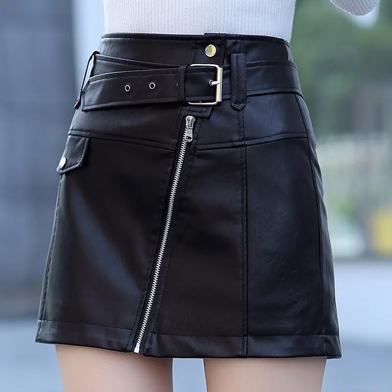 S-3XL New Solid black PU Skirt Womens Street Style Package Hip Pencil Skirt Summer High Waist Leather Short Skirt