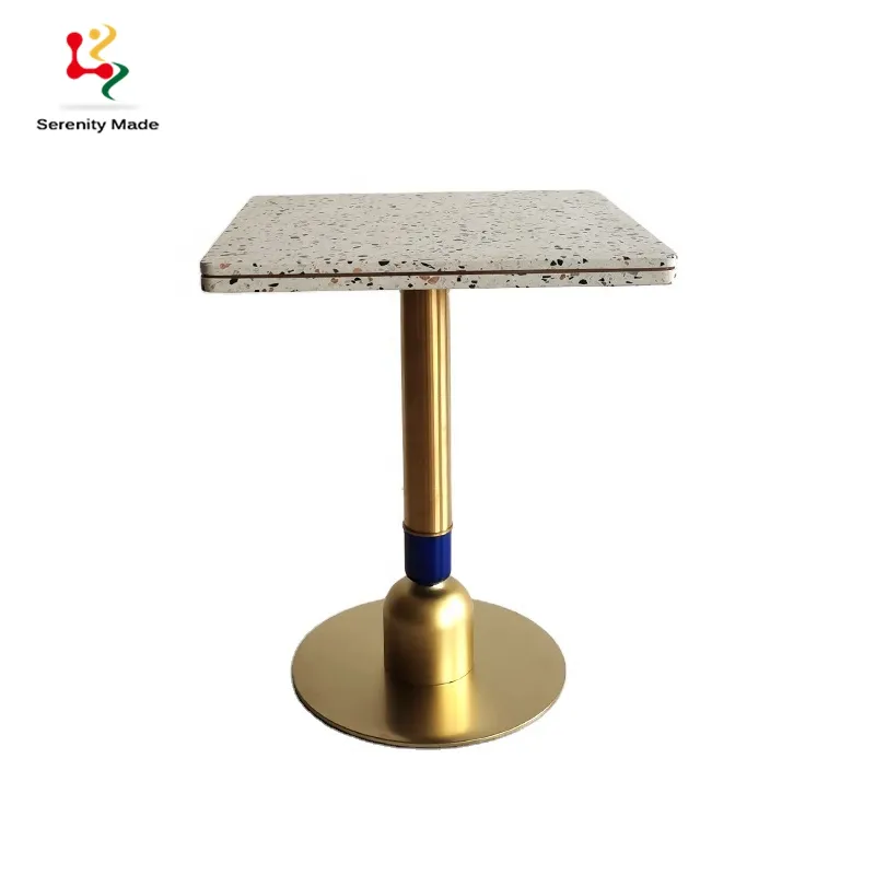 Mesa de café de diseño nórdico para restaurante, mesa cuadrada o rectangular de terrazo, mesa de centro con base redonda de metal dorado