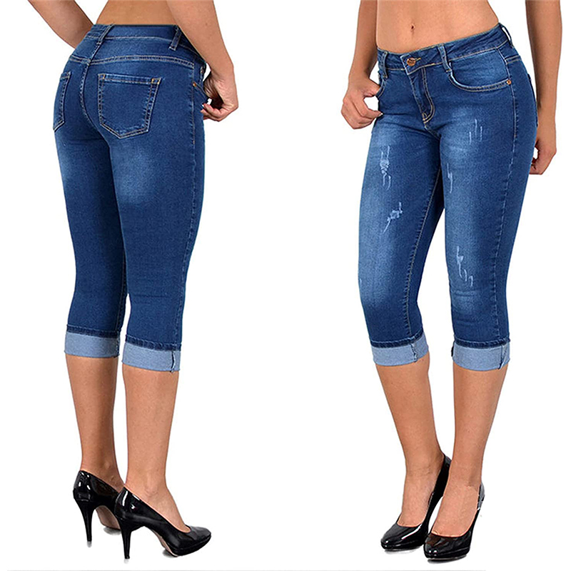 Blue Distressed Ripped Capri Jeans Womens
