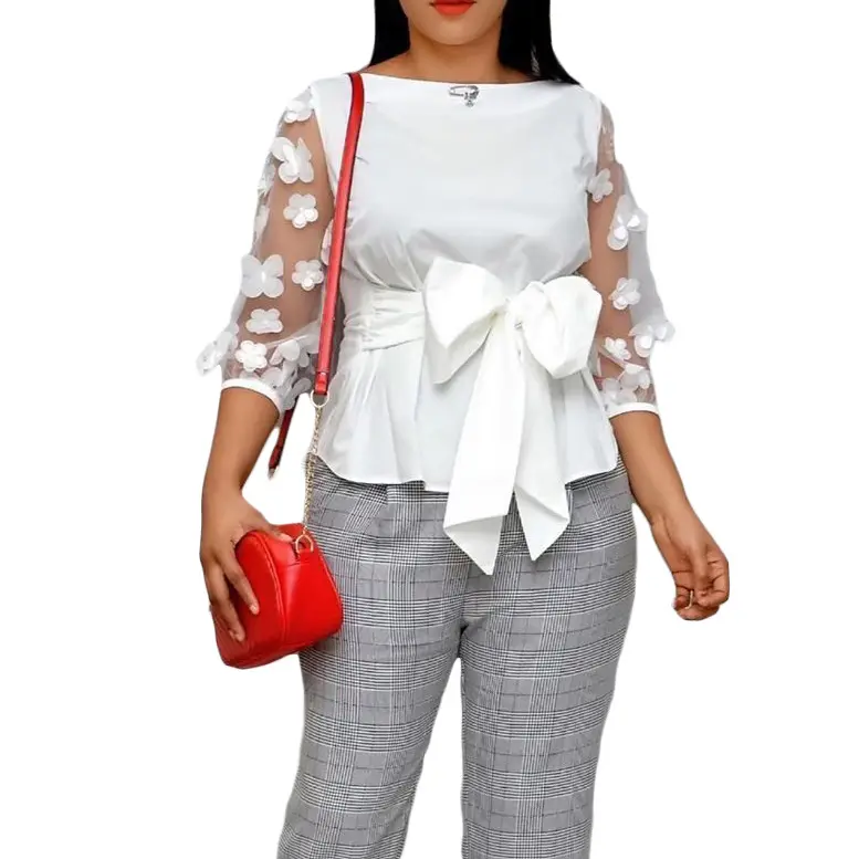 E0110ME22 produk baru elegan Formal putih ikatan simpul jala lengan blus wanita dan kemeja Sehe Fashion