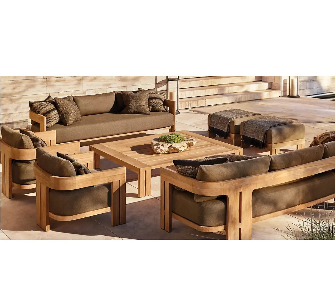 Nuevo diseño al aire libre moderno Patio sofá muebles jardín madera de teca sofás impermeable cartón muebles de madera sofá Conjunto 2 años