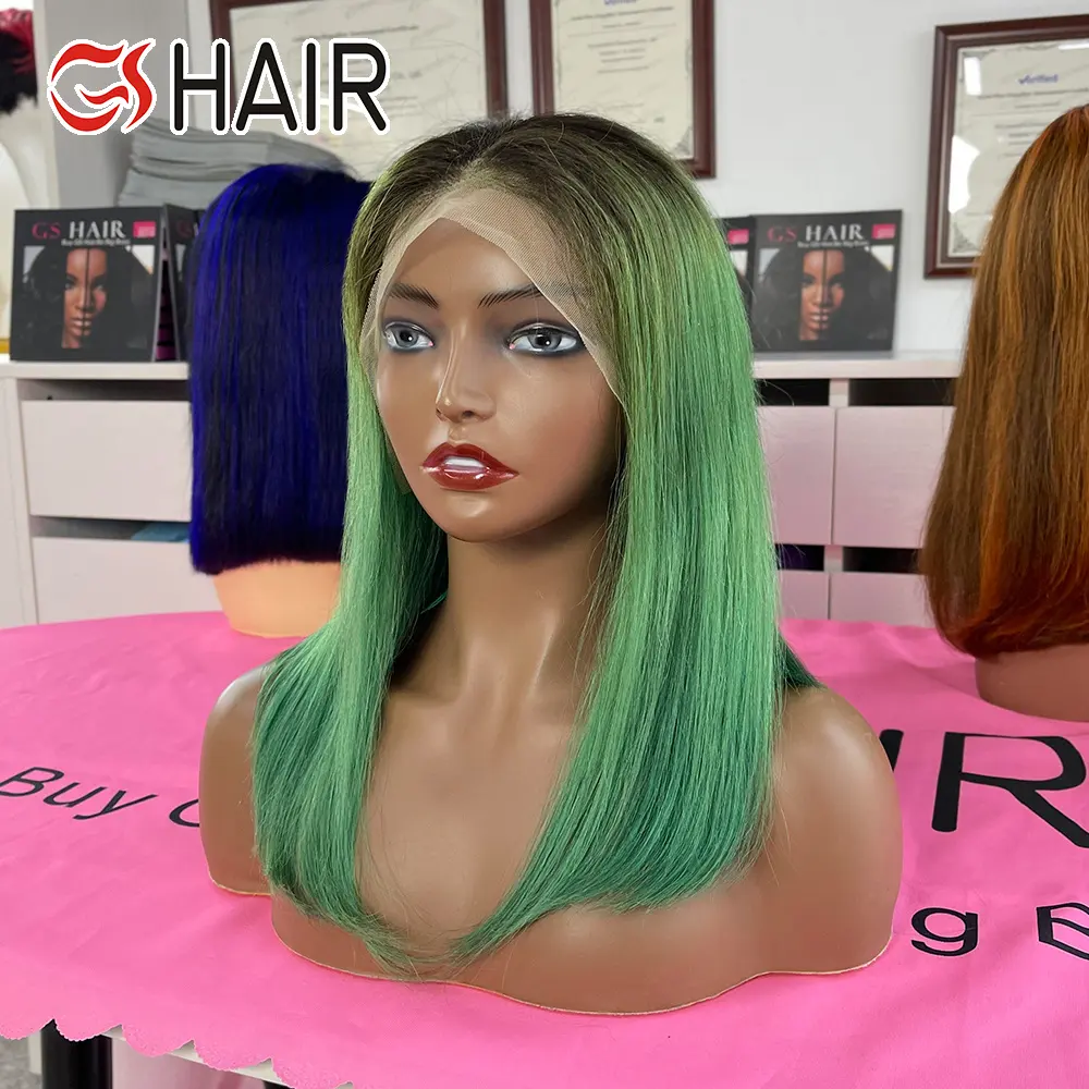 GS 1B/Green Color Bob Wig Straight and Water Wave Short Length Raw Peruvian Human Hair for Black Women with Transparent Lace