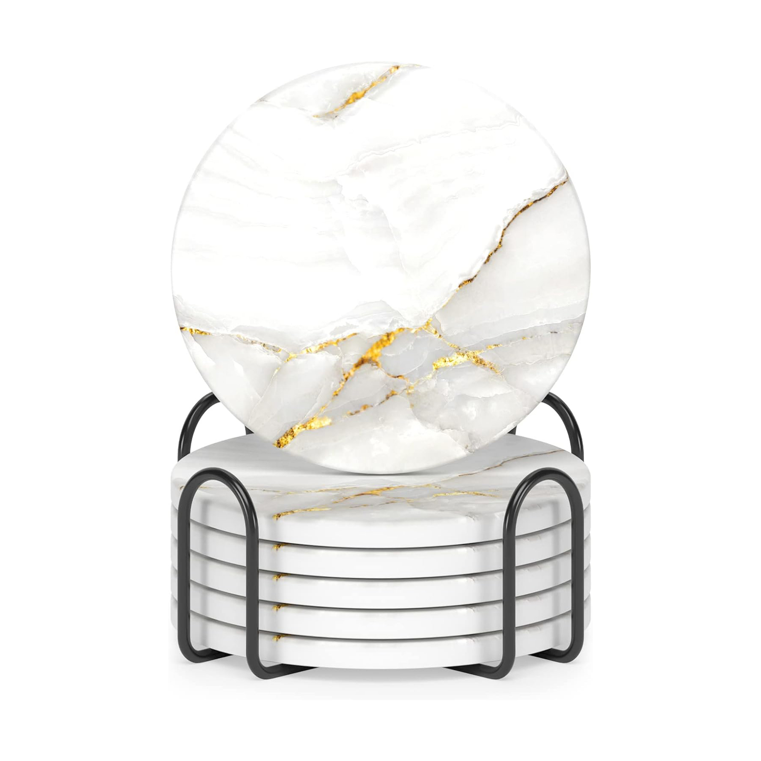 one set six pcs ceramic coaster with one piece iron holder