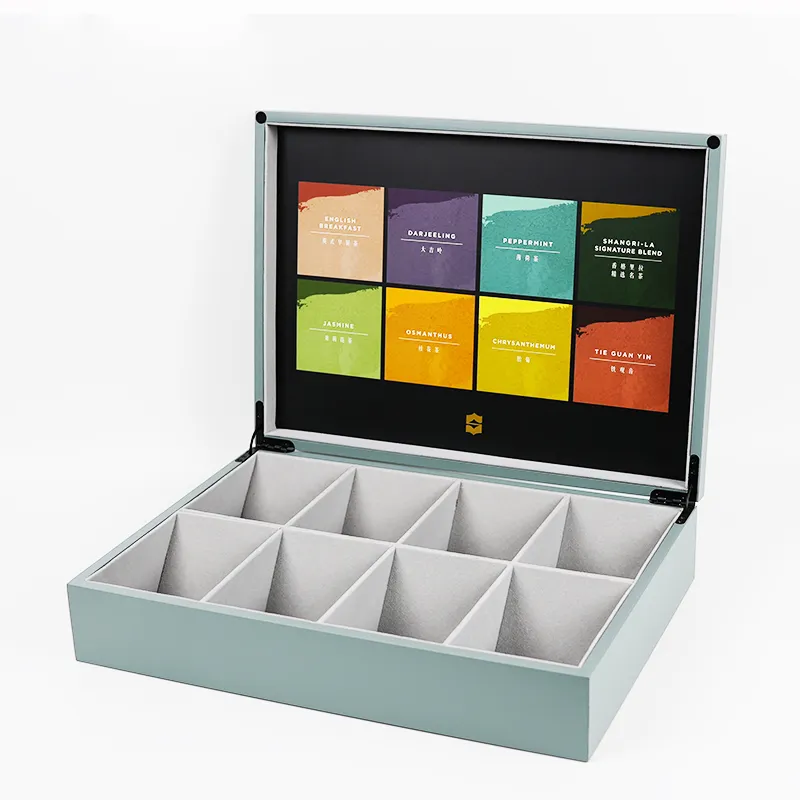 Boîte à thé en bois personnalisée à 8 compartiments Coffrets cadeaux en bois de luxe Boîte de stockage d'emballage pour capsules de café et sachets de thé